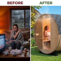 2-Person Luxury Finland Thermo Pine Outdoor Barrel Sauna with Half View Window, Harvia Electric Heater, Sauna Accessories Kit and Asphalt Shingle Roof, 4'X6' — Before & After