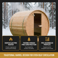 2-Person Luxury Finland Thermo Pine Outdoor Barrel Sauna with Half View Window, Harvia Electric Heater, Sauna Accessories Kit and Asphalt Shingle Roof, 4'X6' — Results & Stats