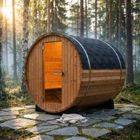 2-Person Luxury Finland Thermo Pine Outdoor Barrel Sauna with Half View Window, Harvia Electric Heater, Sauna Accessories Kit and Asphalt Shingle Roof, 4'X6' — Studio Shot