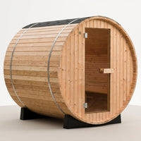 2-Person Luxury Finland Thermo Pine Outdoor Barrel Sauna with Half View Window, Harvia Electric Heater, Sauna Accessories Kit and Asphalt Shingle Roof, 4'X6' — Studio Shot