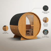 2-Person Luxury Finland Thermo Pine Outdoor Barrel Sauna with Half View Window, Harvia Electric Heater, Sauna Accessories Kit and Asphalt Shingle Roof, 4'X6' — infographic