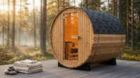 2-Person Luxury Finland Thermo Pine Outdoor Barrel Sauna with Half View Window, Harvia Electric Heater, Sauna Accessories Kit and Asphalt Shingle Roof, 4'X6' — Lifestyle