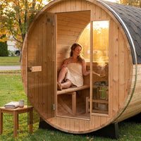 2-Person Luxury Finland Thermo Pine Outdoor Barrel Sauna with Half View Window, Harvia Electric Heater, Sauna Accessories Kit and Asphalt Shingle Roof, 4'X6' — Lifestyle