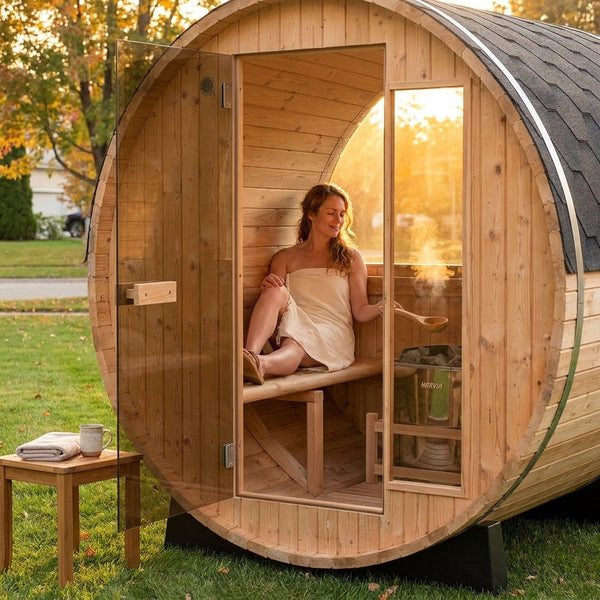 Outdoor Barrel Sauna Built for Relaxation, Thermo Pine Construction, Harvia Electric Heater, 4x6 Feet