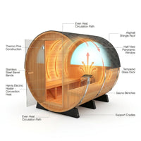 2-Person Luxury Finland Thermo Pine Outdoor Barrel Sauna with Half View Window, Harvia Electric Heater, Sauna Accessories Kit and Asphalt Shingle Roof, 4'X6' — How It Works