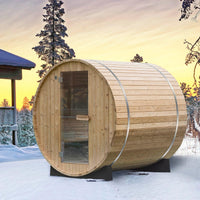WOODBRIDGE 2-Person Luxury Finland Thermo Pine Outdoor Barrel Sauna with Half View Window, Harvia Electric Heater, Sauna Accessories Kit and Asphalt Shingle Roof, 4'X6'