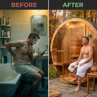 Outdoor Barrel Sauna Built for 4-6 People, Traditional Cedar Construction, 9kW Electric Heater, Wi-Fi Panel — Before & After