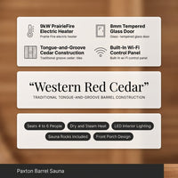Outdoor Barrel Sauna Built for 4-6 People, Traditional Cedar Construction, 9kW Electric Heater, Wi-Fi Panel — Results & Stats