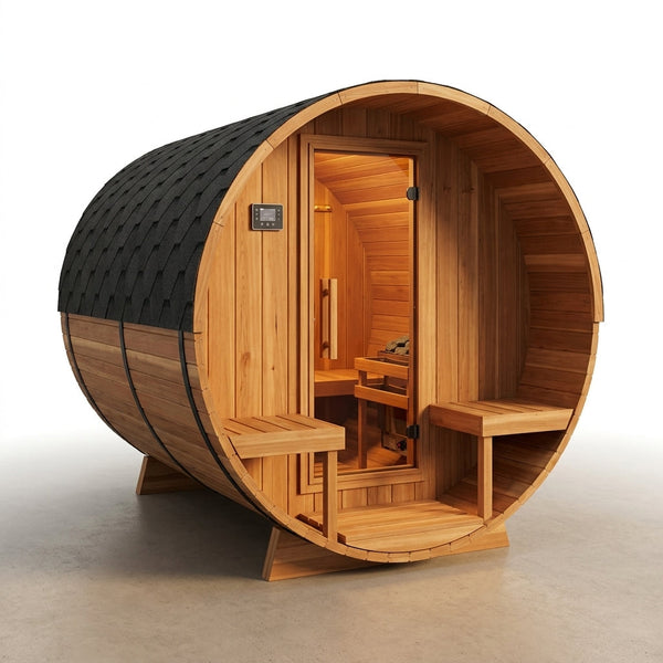 Outdoor Barrel Sauna Built for 4-6 People, Traditional Cedar Construction, 9kW Electric Heater, Wi-Fi Panel — Studio Shot