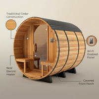 Outdoor Barrel Sauna Built for 4-6 People, Traditional Cedar Construction, 9kW Electric Heater, Wi-Fi Panel — infographic