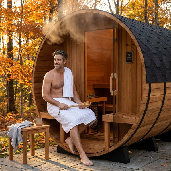 Barrel Sauna Built for Outdoor Wellness, 4-6 Person, Traditional Cedar, 9kW Electric Heater, Wi-Fi Panel