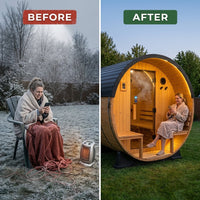 Paxton 4-6 Person Traditional Cedar Outdoor Barrel Sauna with Electric Sauna Heater, Front Porch, Sauna Rocks, Dry Heat, Steam Sauna, LED Lights, Wi-Fi Panel, Sauna Accessories — Before & After