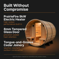 Paxton 4-6 Person Traditional Cedar Outdoor Barrel Sauna with Electric Sauna Heater, Front Porch, Sauna Rocks, Dry Heat, Steam Sauna, LED Lights, Wi-Fi Panel, Sauna Accessories — Results & Stats