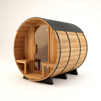 Paxton 4-6 Person Traditional Cedar Outdoor Barrel Sauna with Electric Sauna Heater, Front Porch, Sauna Rocks, Dry Heat, Steam Sauna, LED Lights, Wi-Fi Panel, Sauna Accessories — Studio Shot
