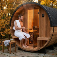 Paxton 4-6 Person Traditional Cedar Outdoor Barrel Sauna with Electric Sauna Heater, Front Porch, Sauna Rocks, Dry Heat, Steam Sauna, LED Lights, Wi-Fi Panel, Sauna Accessories — Lifestyle