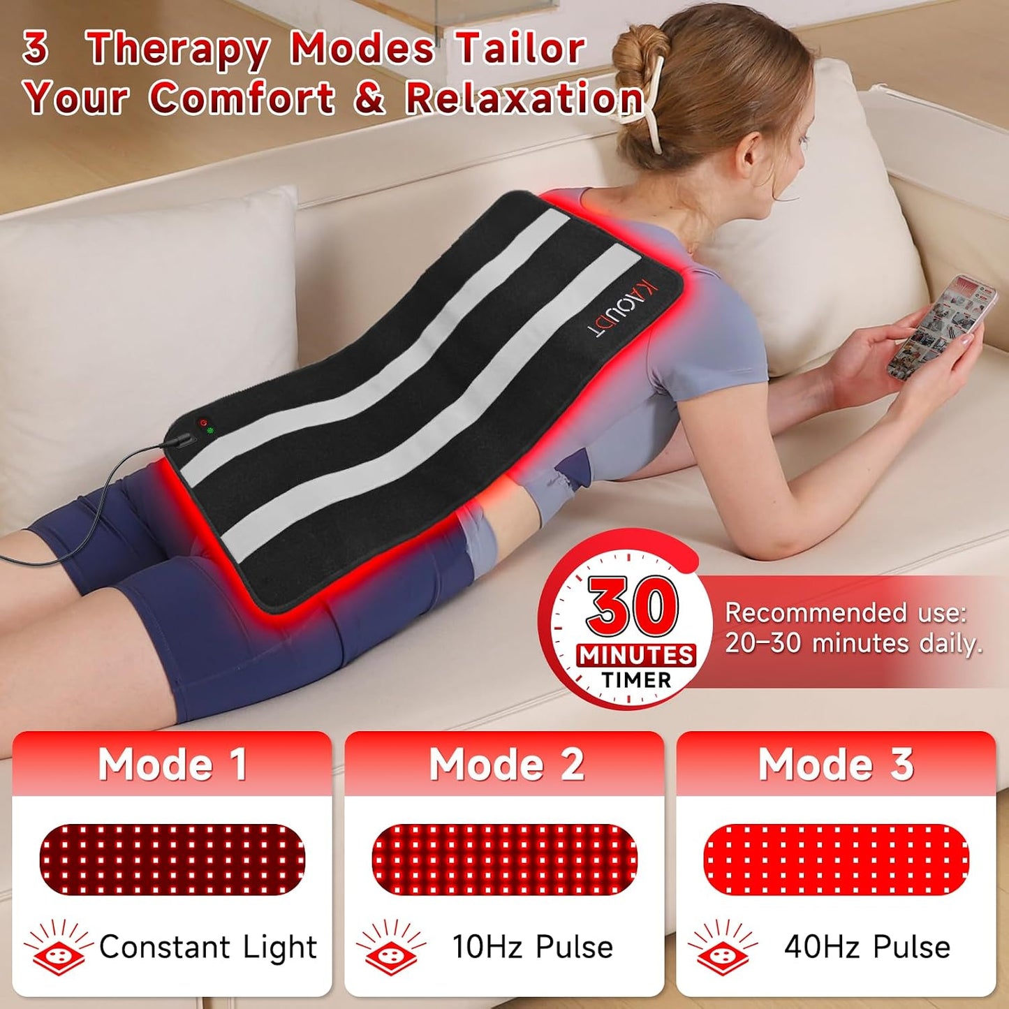 Red Light Therapy Mat for Body, 24" X 12" FSA Eligible HSA Red Light Therapy Pad for Back Pain, 660Nm & 850Nm Infrared Light Belt for Joint/Muscle, Medical-Grade TPU Light Wrap with Timer(Black) | FSA Eligible HSA Red Light Therapy Mat for Body
